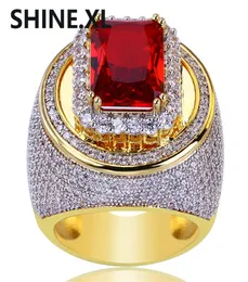 HipHop Classic Gold Color Plated Cubic Zircon Big Red Stone Ring Personality Fashion Glamour Jewelry Lover Gift5855811
