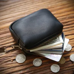 Purses 100% Genuine Leather Coin Purse For Men Women Vintage Handmade Short Small Zipper Coin Pocket Case Card Holder Money Bag Wallet