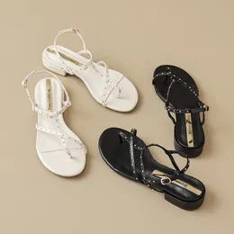 Mingman Womens Shoes Sandals 355-1 Clip Toe Thick Heel Sandals Women's Summer Fairy Style Summer Fashion Flat Bottom Beach