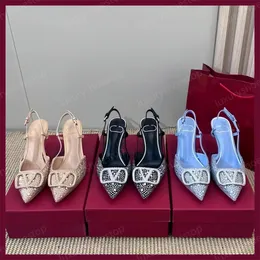 Luxury Fashion Design V Home Spring Summer New Baotou Diamond French After Empty Word Buckle Pointed Thin Sandals Women Apricot Grey Pointed Thin High Heel