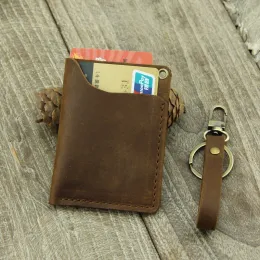 Holders Portable Crazy Horse Leather ID Card Holder Metro Card Access Control Card Case Genuine Leather Key Rings With Card Bag