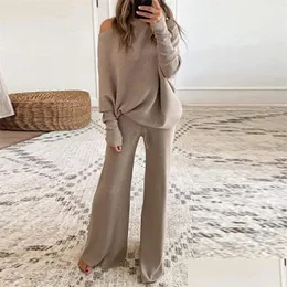 Kvinnors tvåbitar byxor Kvinnor Fashion Tracksuit Kvinnor Stickad långärmad Oneck Plover Tröja Wide Leg Casual Loose Suit Female 2 S Dhrts