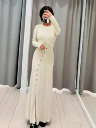 Yeni Sandro Katı Bölünme Düğmesi Dekorasyon Uzun Kollu İnce Fit Örgü Elbise