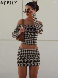 فساتين العمل Akaily Fall Brown Houndstooth Print 2 Skirt Skirt Party Partage For Women 2024 Off Conder Crop Top Fashion Sets