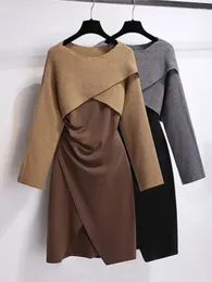 İş Elbiseleri Sonbahar Kış İki Parça Kadın Kıyafetleri İçin Set Koreli Günlük Düzensiz Kazak Örme Kısa Sweater Stripted Dapped Elbise Setleri