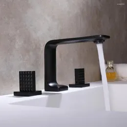 Waschbecken Wasserhähne hochwertiger Modedesign Messing Schwarz Wasserhahn 3 Löcher 2 Griffe Beckenmischer Tippen Sie auf Kupferkaltes Wasserbad
