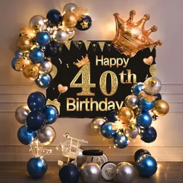 40 번째 생일 파티 장식 골드 블루 메탈릭 풍선 화환 키트 남성 여성 파티 장식을위한 배경 배경 240419