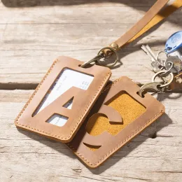 Holders Letter Carving Crazy Horse Genuine Leather Key Card Holders Handmade Cowhide Bus ID Card Case With Keyring Badge Office Case