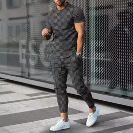Summer Men Fashion Trend Trousers 2 stycken Tracksuit 3D Print Outfit Set Tshirts Long Pants Sportwear Jogging Kläder 240416