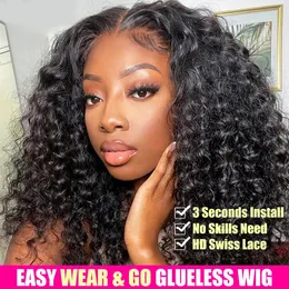 Water Wave Glueless Wig Pre-Cut HD Lace Wig 180% Pre-Plucked Natural Wave Glueless Curly Human Hair Wigs For Women 240409