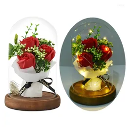 Decorative Flowers LED Soap Rose Bouquet In Glass Dome Artificial Night Light Lamp Wedding Flower Valentines Mothers Day Gifts