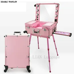 Gepäck professionell rollende Kosmetikkoffer Schönheit Make -up Trolley Koffer LED Light Mirror Box Pink Gepäck Aluminium Rahmen Klapptisch