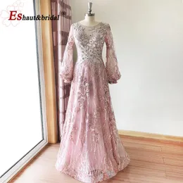 Festklänningar Elegant Aline Dubai Lace Evening Night Dress for Women 2024 ärmar Crystal Handmade O Neck Formal Prom Wedding Clows