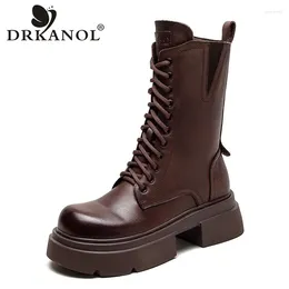 Boots DRKANOL Autumn Winter Women Mid Calf Handmade Thick High Heel Platform Warm Ladies Street Style Cow Leather