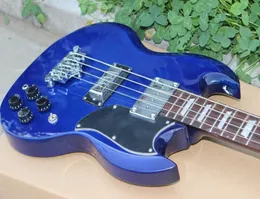 Corte duplo personalizado 4 Strings Blue SG Electric Bassi Guitar Hardware Chrome Triangle Mop Trapeziod Fingboard Fingboard