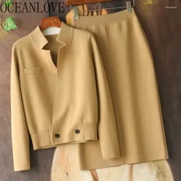 فساتين العمل Oceanlove Office Lady Lady Trits Solid Autumn Winter -Winter Outfities Outfortage Vintage Fashion Conjuntos de Falda