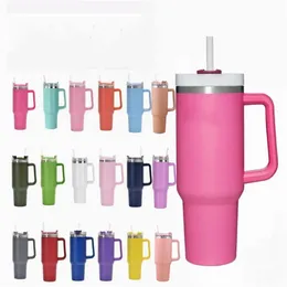 DHL 40oz Hot Pink Mugs Stainless Steel Tumblers Mugs Cups Handle Straws Big Capacity Beer Water Bottles Outdoor Camping with Clear/Frosted Lids 1027i