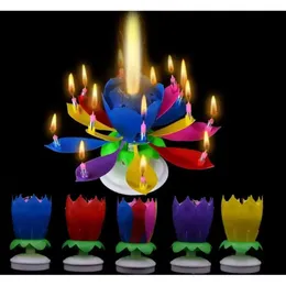 Magic Flower Lotus Birthday Musical Blossom Rotating Spin Party Candle 14 Small Candles 2 Layers Cake Topper 0609 S