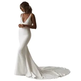 Sexy Long Crepe V-Neck Wedding Dresses With Covered Buutons Mermaid Vestido de novia Spaghetti Strapless Ivory Sweep Train Bridal Gowns for Women