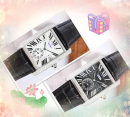 Sub Dial Working StopWatch Men Relógios de luxo Calendar Cow Strap relógio Diamantes quadrados Anel Top Brand Quartzwatch para homens Montre Homme Gifts