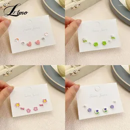 Stud Earrings 3pairs/set Alloy Ear Post Mixed Color Round Flower Star Heart Butterfly Duck Earring Girl Women Jewelry