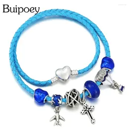 Charm Armband Buipoey Airplane Cross Air Balloon For Women Men Heart Bead Pendant staplade läderarmband smycken gåvor