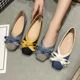 Casual Shoes Women's 2024 Woven Bow Square Toe Ballet Flats Female Soft Sole Large Fashion Chaussure Femme