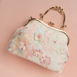 Çantalar Kadın Dantel Pembe Lolita İnci Boncuklu Çerçeve Lady Tote Vintage Katı Açık Torba Çanta Beyaz Pamuk Dantel Kumaş