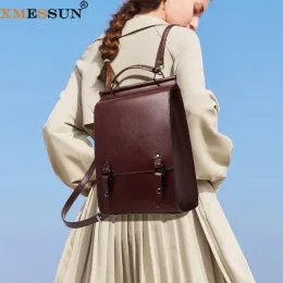 Рюкзаки Xmessun Новый подлинный кожаный рюкзак для женщин 2023 Fashion Vintage высококачественная леди простой коврик компьютерный рюкзак
