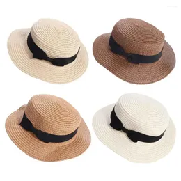 Berets Holiday Travel Suncreen Bowknot British Style Sun Visor Flat Hat Straw Top Weave Cap