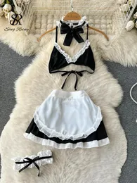 Singreiny Erotik trägerloser Frauen Unterwäsche Sets Bug schnüren sinnliche Rollenspiele Set Mode Maid Uniform sexy Dessous Rock Anzüge 240419