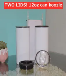 2 개의 lids12oz 스키니 직선 koozie 음료 냉각기 텀블러 흰색 블랭크 캔 koozies 스테인리스 스틸 콜라 진공 병 Canned9796446