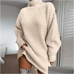 Basic & Casual Dresses Autumn Solid Long Sleeve Elegant Mini Sweater Dress Plus Size Winter Clothes Women Turtleneck Oversized Knitte Dhfl6