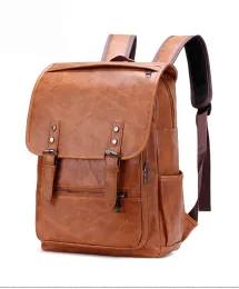 Backpacks Large Capacity Vintage men's bag Teenage Backpacks PU Leather Fashion Schoolbag Man Multifunctional Backpack Men Zipper Designer