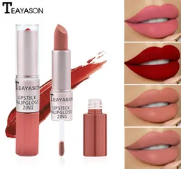 Teayason Lip Gloss 2in1 Podwójna głowa długotrwała Matowa pasta fasolowa Kolor Lipgloss Liquid Lipstick Tint Makeup Liner4635553