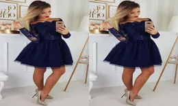 Long Sleeves Navy Blue Homecoming Dresses Knee Length Short Party Dress Lace Prom Gowns9894479