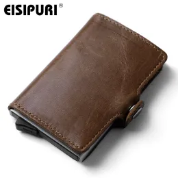 Wallets EISIPURI Men Prevents RFID information leakage Genuine leather mini wallet safe Multifunction Aluminum Automatic Pop Up Card