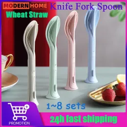 Sets 1 ~ 8pcs/Set 3 in 1 Reise tragbare Besteckset Japan Style Wheat Strohmesser Fork Löffel Schülern Geschirr Sets Küchengeschirr Geschirr