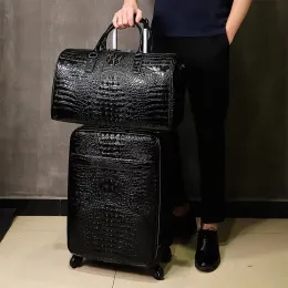 Bagaj% 100 gerçek deri seyahat bagajı el çantası erkekleri baş cowhide evrensel tekerlek timsah desen bavul 20 inç yatılı çanta