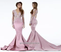 2019 Miss USA Pageant Dresses Mermaid heer Deep v Neck Lace Sweep Train Satin بالإضافة إلى حجم طويل الأكمام السهرة