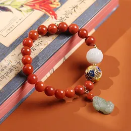 Geomancy Accessor Natural 8mm Sichuan Material Full Meat South Red Women's Cloisonn Luck Koi Hang Jade Pixiu Bracelet