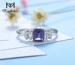 Kuololit 12ct Alexandrite Taş Yüzüğü Kadınlar İçin Katı 925 STERLING Gümüş Yüzük Emerald Cut Laboratuar Yetiştirme Taşı 10 T8487637