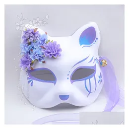 Designer Masks Japanese Kimono Fox Cat Mask Hand Painted Purple Blue Gradient Silk Flower Bell Cosplay Drop Delivery Home Garden Hou Dhmna