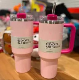 핑크 플라밍고 40oz Quencher H2.0 커피 머그잔 컵 실외 캠핑 여행용 자동차 컵 스테인리스 스틸 텀블러 컵 실리콘 핸들 발렌타인 데이 선물 미국 주식