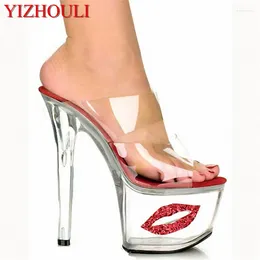 Dansskor Sexig Crystal 17cm Ultra High Heels Exotic Dancer Lips Platform Slippers Night Club 7 tum