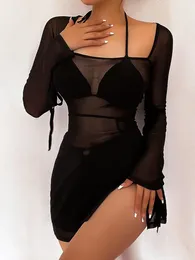 Sukienki swobodne przejściowa seksowna strefa Czarna Sheer Temperament Podziel się długą sukienkę Spring Bikini Bluzka Czysta pożądanie styl