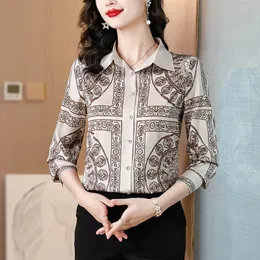 2025 Винтажный принт женский женский женский топ рубашка блузка кнопка шрифт с длинным рукавом повседневная вечеринка OL Office Workwes