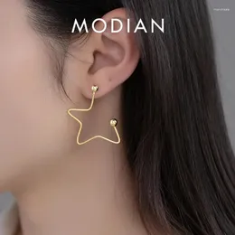 أقراط مسمار Modian 2024 Design 925 Sterling Silver Hyperbole Star for Women Gold Color Beads Ear Beads Simple Line Jewelry