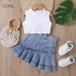 Kläderuppsättningar Vipol Girls 'Solid Color Top Sleeveless Denim Pleated kjoldräkt 7-12m 13-24m 25-36m 4-6y