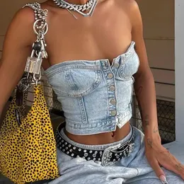 Pulsante da donna Down Denim Bustier Crop top top jeans senza spalline corset backles spingendo canotte vintage harajuku streetwear 240407